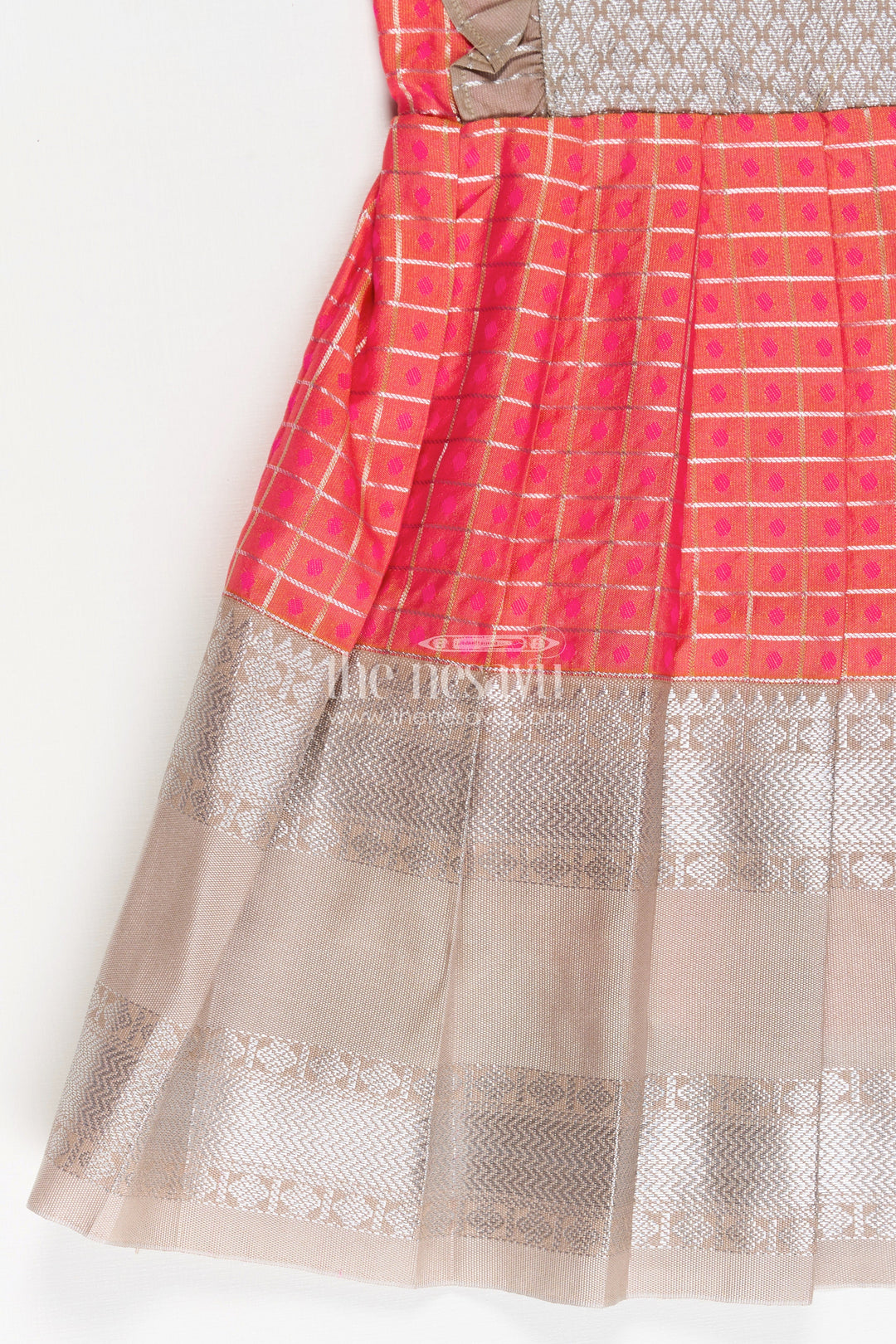 The Nesavu Girls Kanchi Silk Frock Archive -Girls Semi Kanchivaram Silk Frock with Puff Sleeves and Contrast Borders in new model pattu pavadai Design Nesavu Nesavu Girls Semi Kanchivaram Silk Frock Puff Sleeves new model pattu pavadai Traditional Style