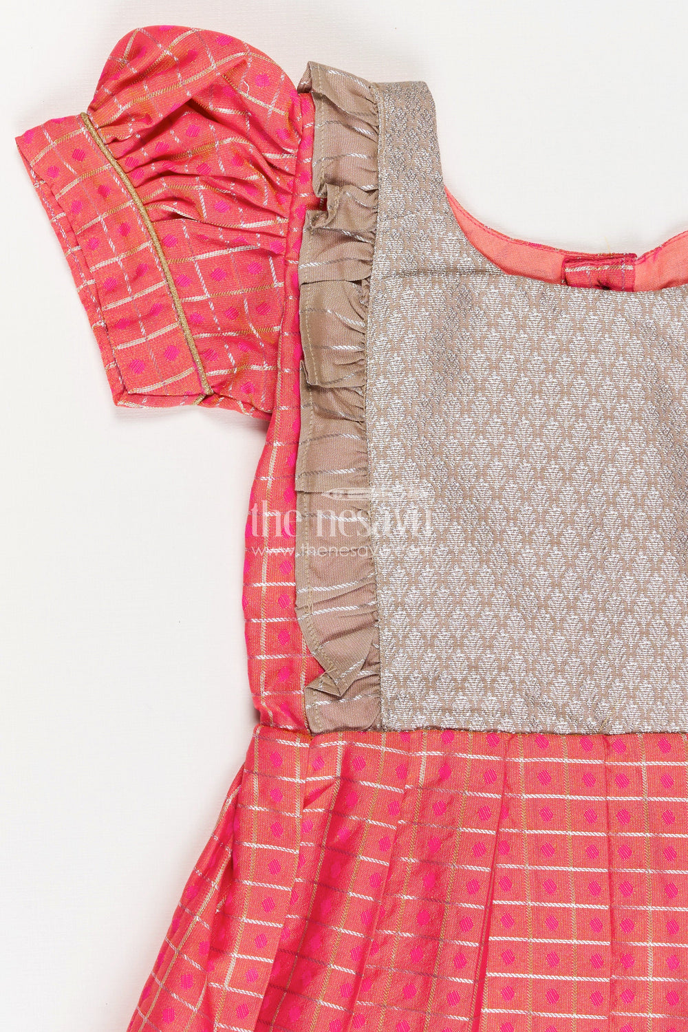 The Nesavu Girls Kanchi Silk Frock Archive -Girls Semi Kanchivaram Silk Frock with Puff Sleeves and Contrast Borders in new model pattu pavadai Design Nesavu Nesavu Girls Semi Kanchivaram Silk Frock Puff Sleeves new model pattu pavadai Traditional Style