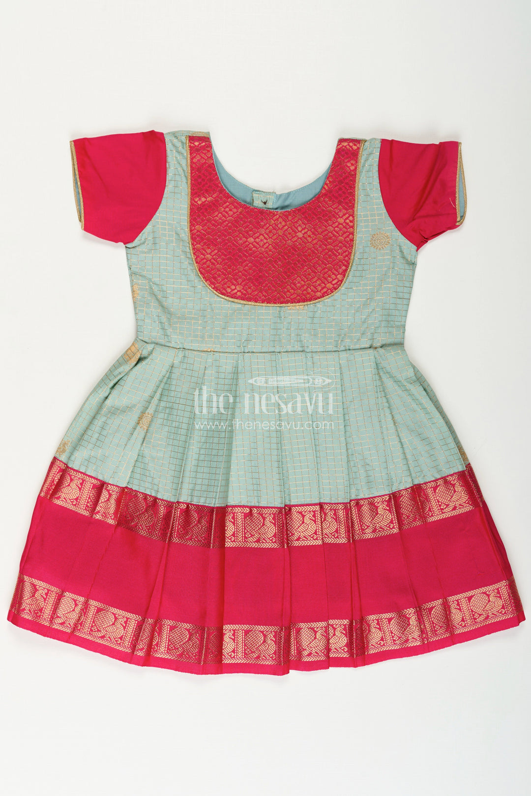 The Nesavu Girls Kanchi Silk Frock Archive -Girls Traditional Silk Frock with Dual Tone Finish and Puff Sleeves in silk short dress Design Nesavu 18 (2Y) / Green SF1002BA-18 Nesavu Girls Semi Kanchivaram Silk Frock silk short dress Style Traditional Puff Sleeves
