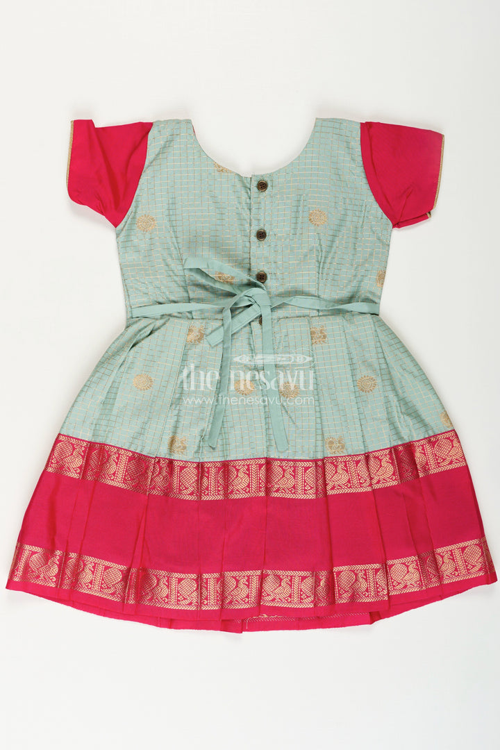 The Nesavu Girls Kanchi Silk Frock Archive -Girls Traditional Silk Frock with Dual Tone Finish and Puff Sleeves in silk short dress Design Nesavu Nesavu Girls Semi Kanchivaram Silk Frock silk short dress Style Traditional Puff Sleeves