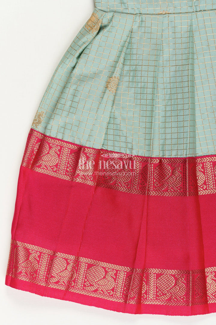 The Nesavu Girls Kanchi Silk Frock Archive -Girls Traditional Silk Frock with Dual Tone Finish and Puff Sleeves in silk short dress Design Nesavu Nesavu Girls Semi Kanchivaram Silk Frock silk short dress Style Traditional Puff Sleeves