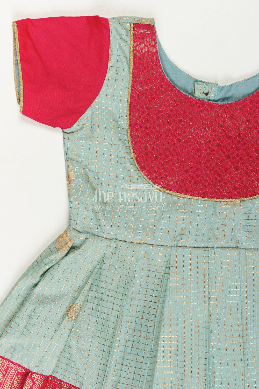 The Nesavu Girls Kanchi Silk Frock Archive -Girls Traditional Silk Frock with Dual Tone Finish and Puff Sleeves in silk short dress Design Nesavu Nesavu Girls Semi Kanchivaram Silk Frock silk short dress Style Traditional Puff Sleeves