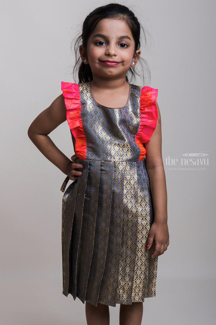 The Nesavu Silk Frock Ash Semi-Banaras Pleated Silk Frocks With Pink Ruffles For Little Girls Nesavu 16 (1Y) / Green SF467C-16 Semi-Banaras Silk Frocks | Chinna Pillala Frocks | The Nesavu