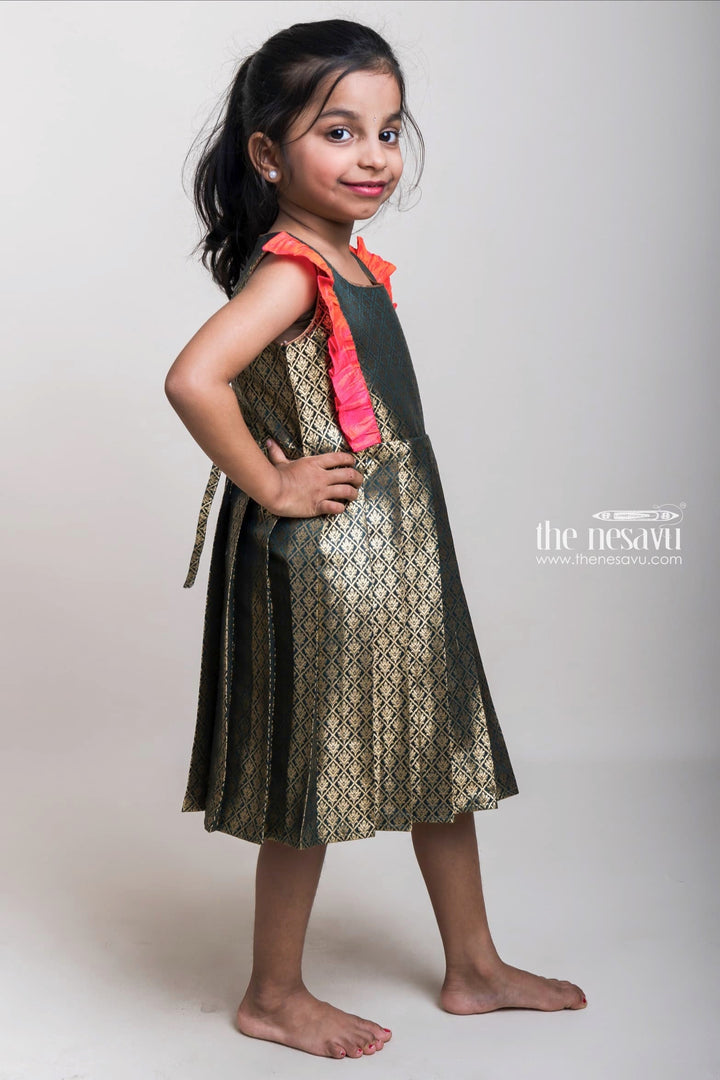 The Nesavu Silk Frock Ash Semi-Banaras Pleated Silk Frocks With Pink Ruffles For Little Girls Nesavu Semi-Banaras Silk Frocks | Chinna Pillala Frocks | The Nesavu