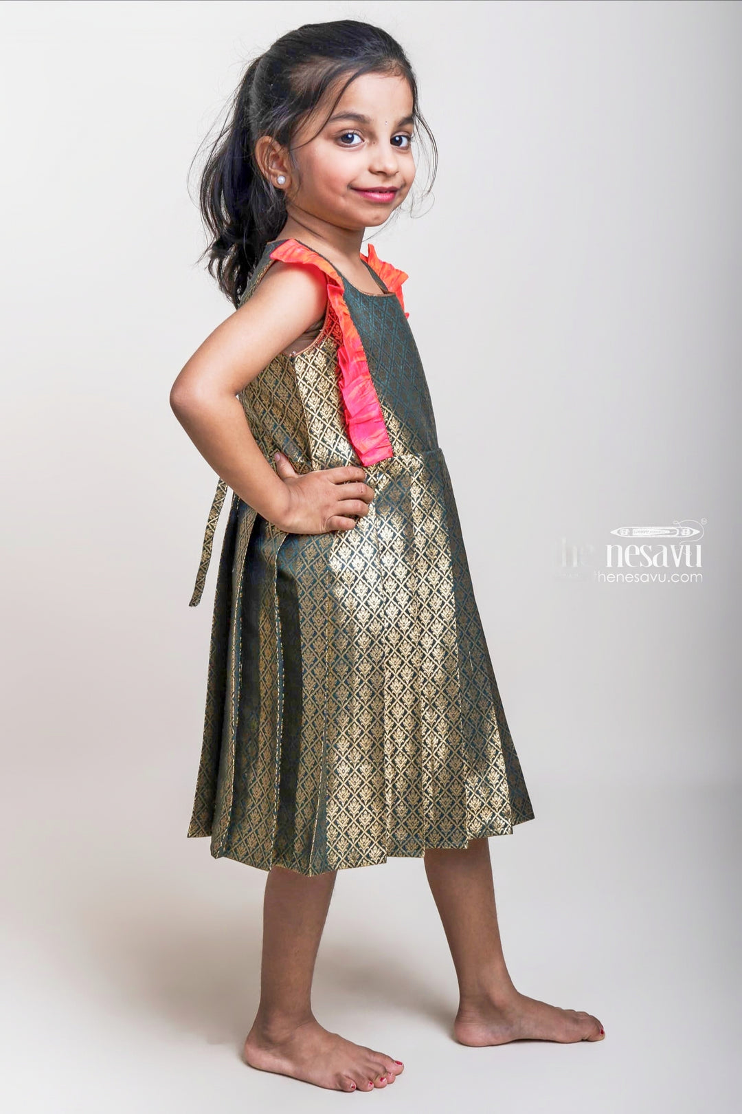 Ash Semi-Banaras Pleated Silk Frocks With Pink Ruffles For Little Girls