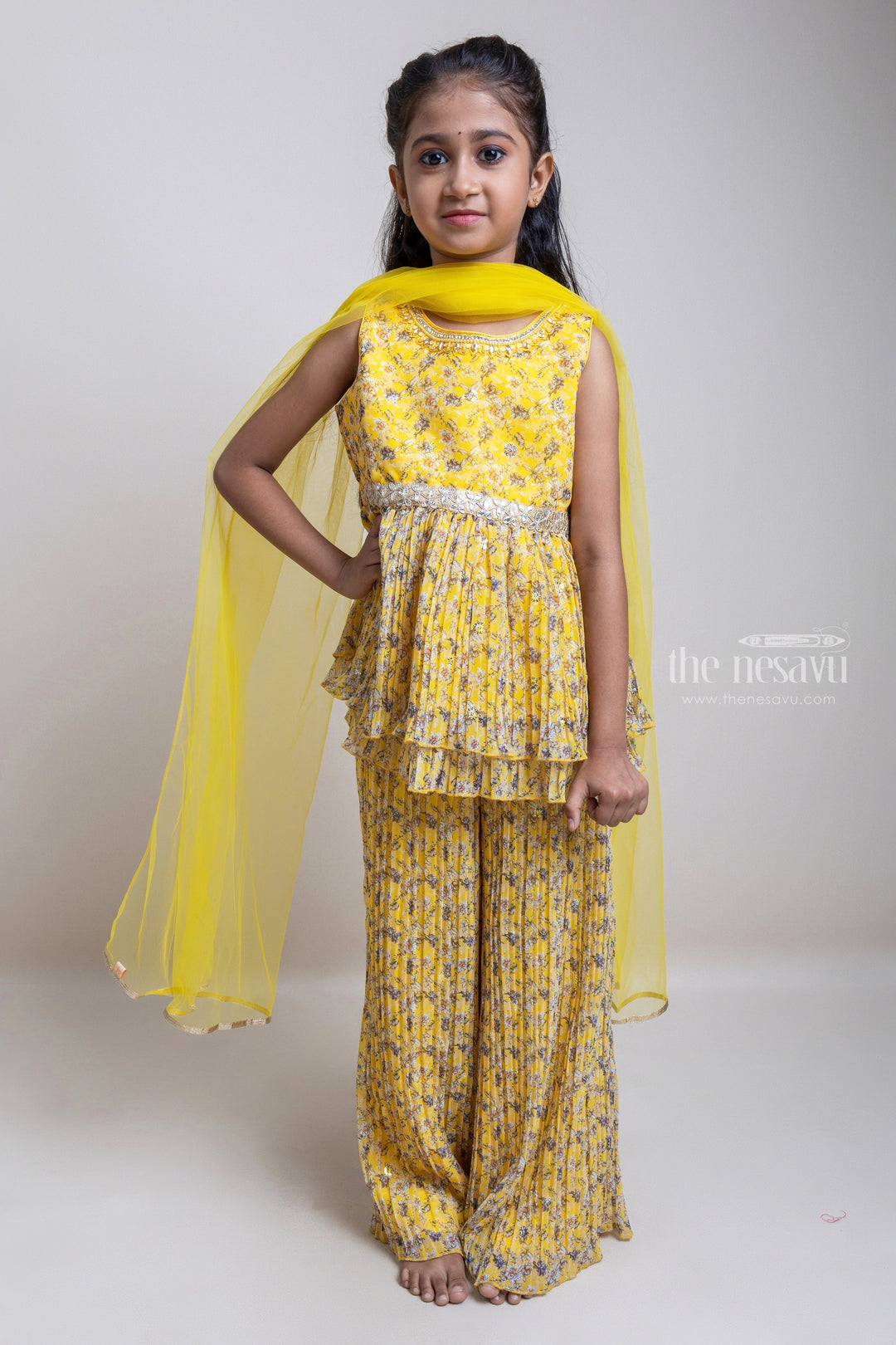 The Nesavu Girls Sharara / Plazo Set Attractive Yellow Floral All Over Printed Tunic Top And Palazzo Suit For girls Nesavu 14 (6M) / Yellow GPS127-14 Yellow Floral Printed Tunic Top Set For Girls | Latest Collection For girls | The Nesavu