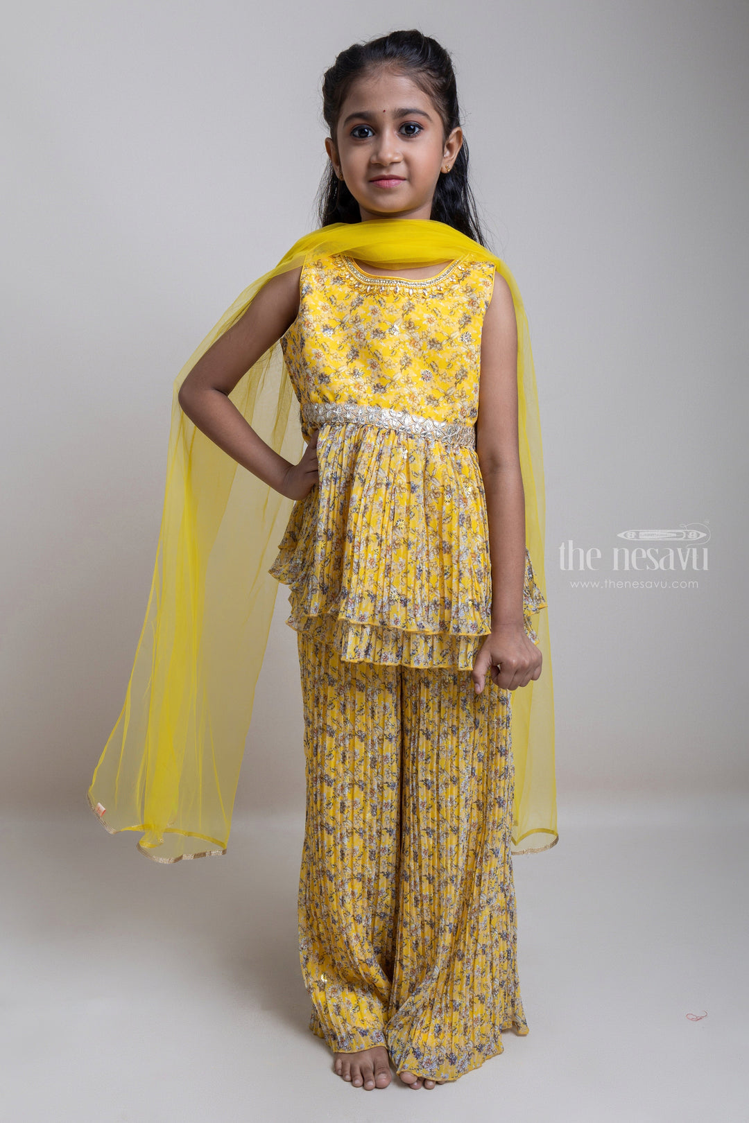 The Nesavu Girls Sharara / Plazo Set Attractive Yellow Floral All Over Printed Tunic Top And Palazzo Suit For girls Nesavu 14 (6M) / Yellow GPS127-14 Yellow Floral Printed Tunic Top Set For Girls | Latest Collection For girls | The Nesavu
