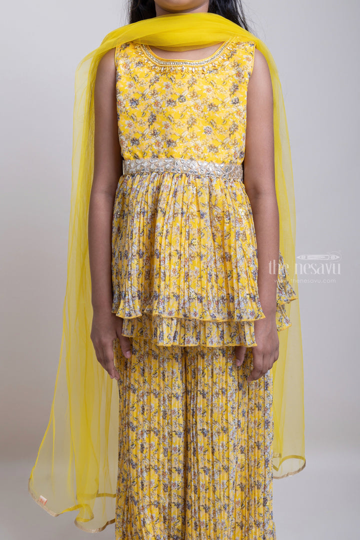 The Nesavu Girls Sharara / Plazo Set Attractive Yellow Floral All Over Printed Tunic Top And Palazzo Suit For girls Nesavu Yellow Floral Printed Tunic Top Set For Girls | Latest Collection For girls | The Nesavu