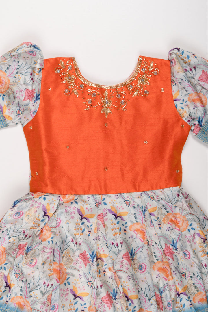 The Nesavu Silk Party Frock Autumn Ember Silk Frock with Floral Bloom Skirt for Girls Nesavu Girls Ember Orange Floral Silk Frock | Traditional Banarasi Border Dress | The Nesavu