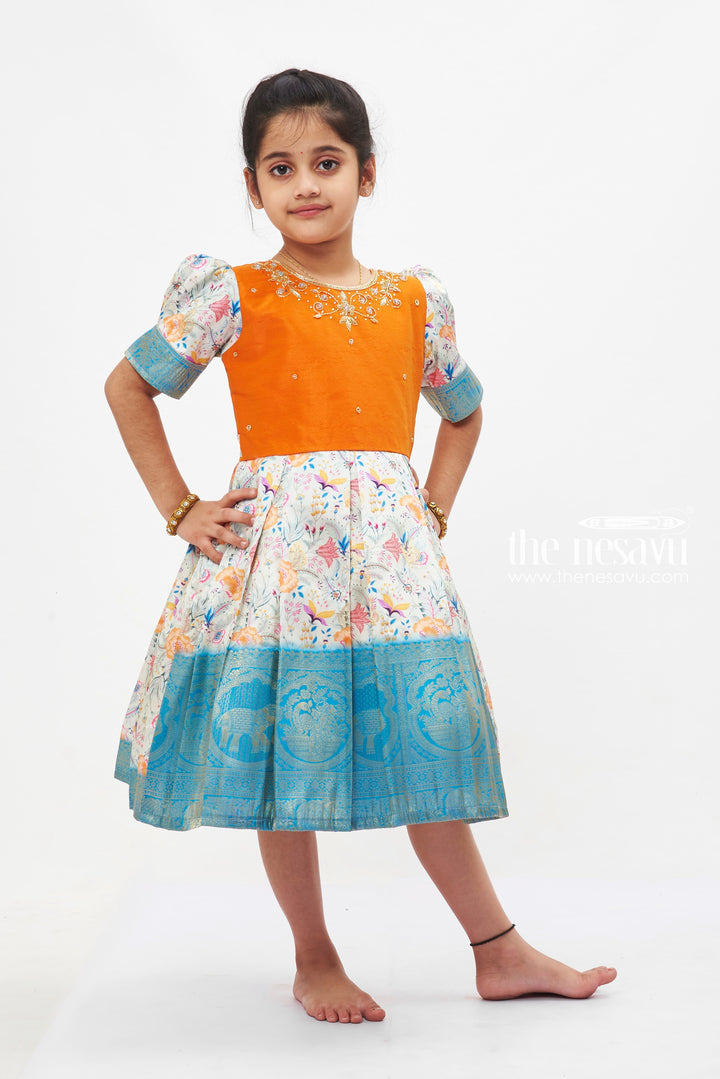 The Nesavu Silk Party Frock Autumn Ember Silk Frock with Floral Bloom Skirt for Girls Nesavu Girls Ember Orange Floral Silk Frock | Traditional Banarasi Border Dress | The Nesavu