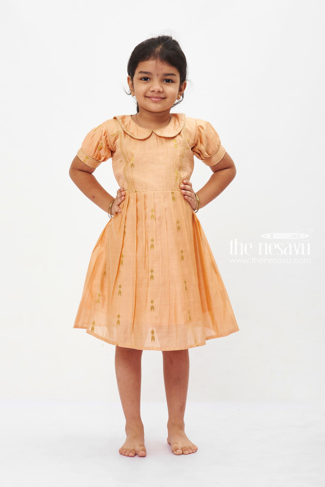 The Nesavu Girls Cotton Frock Autumn Glow Puff Sleeve Dress: Girls' Copper-Toned Frock with Gleaming Accents Nesavu 14 (6M) / Orange GFC1206B-14 Girls Copper-Toned Harvest Dress with Puff Sleeves | Golden Motif Party Wear | The Nesavu