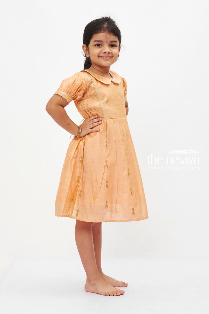 The Nesavu Girls Cotton Frock Autumn Glow Puff Sleeve Dress: Girls' Copper-Toned Frock with Gleaming Accents Nesavu Girls Copper-Toned Harvest Dress with Puff Sleeves | Golden Motif Party Wear | The Nesavu