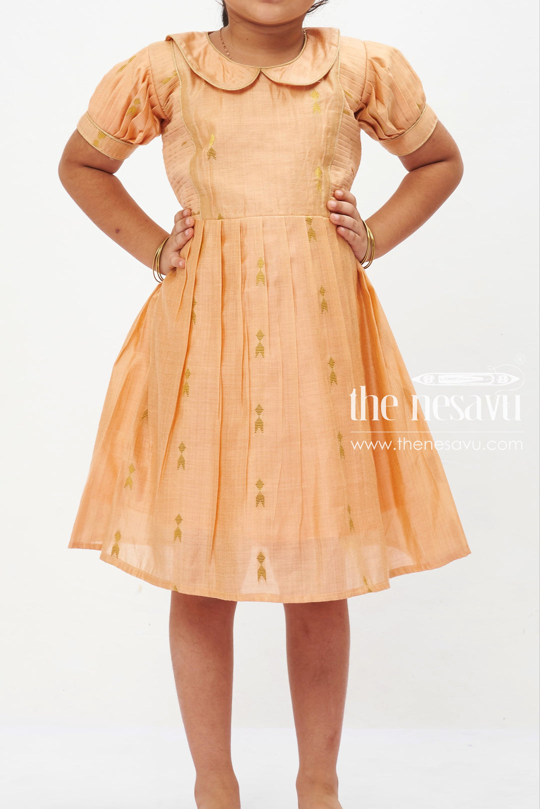 The Nesavu Girls Cotton Frock Autumn Glow Puff Sleeve Dress: Girls' Copper-Toned Frock with Gleaming Accents Nesavu Girls Copper-Toned Harvest Dress with Puff Sleeves | Golden Motif Party Wear | The Nesavu