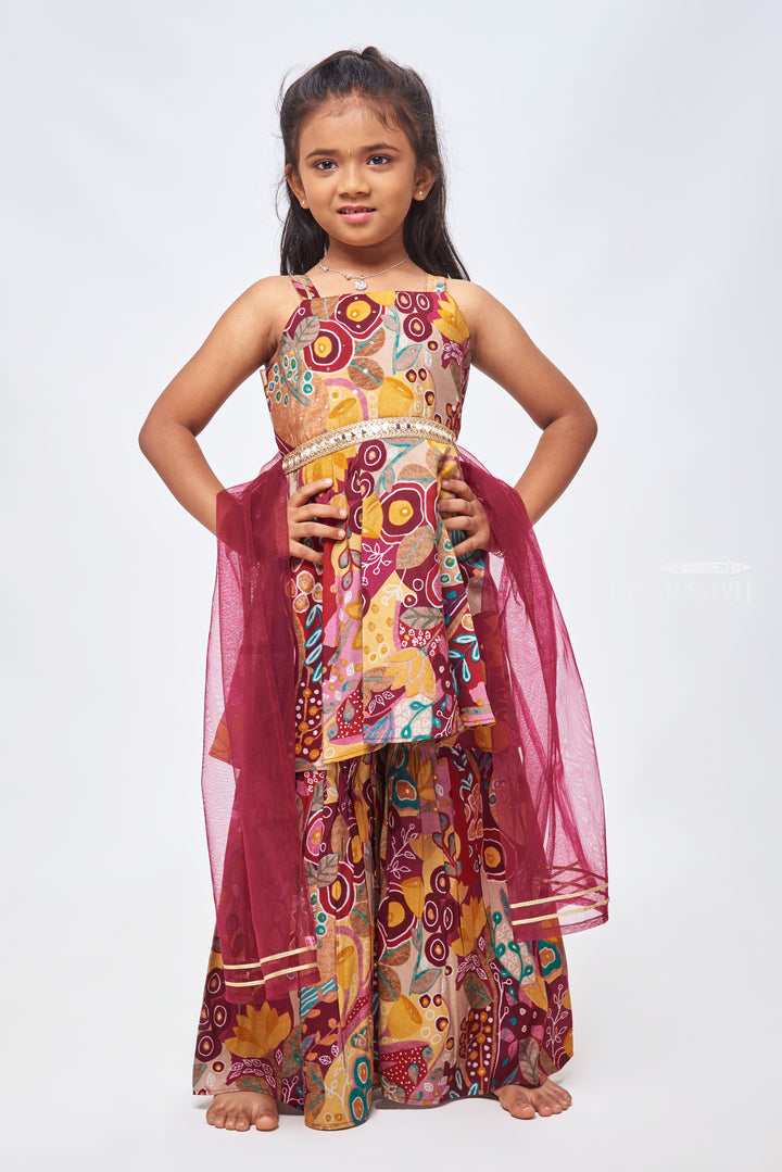 Autumn Hues Floral and Abstract Print Kurti with Gharara Set for Girls & Dupatta - Girlish Party Dress for Vibrant Girls