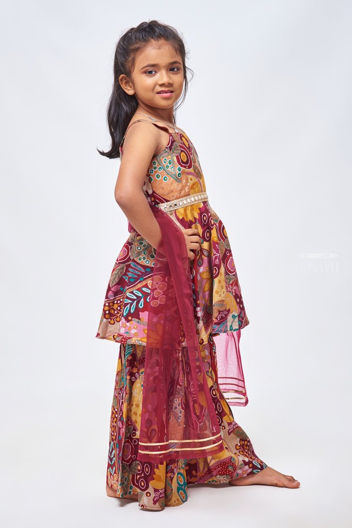 Autumn Hues Floral and Abstract Print Kurti with Gharara Set for Girls & Dupatta - Girlish Party Dress for Vibrant Girls