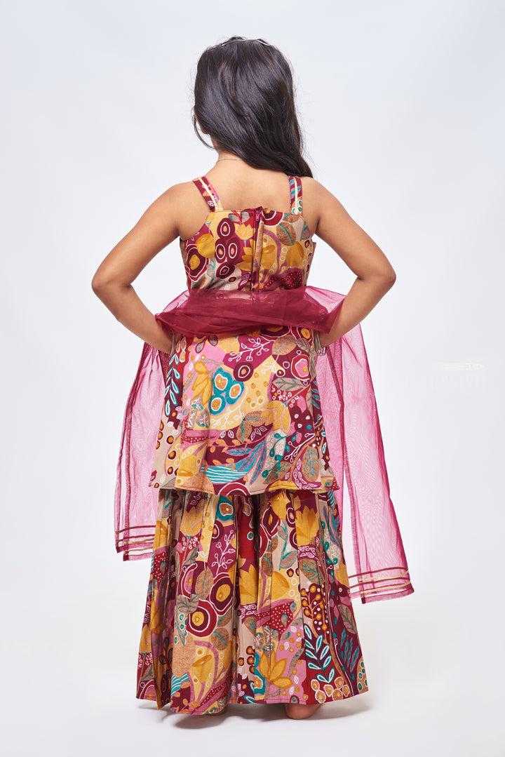 Autumn Hues Floral and Abstract Print Kurti with Gharara Set for Girls & Dupatta - Girlish Party Dress for Vibrant Girls