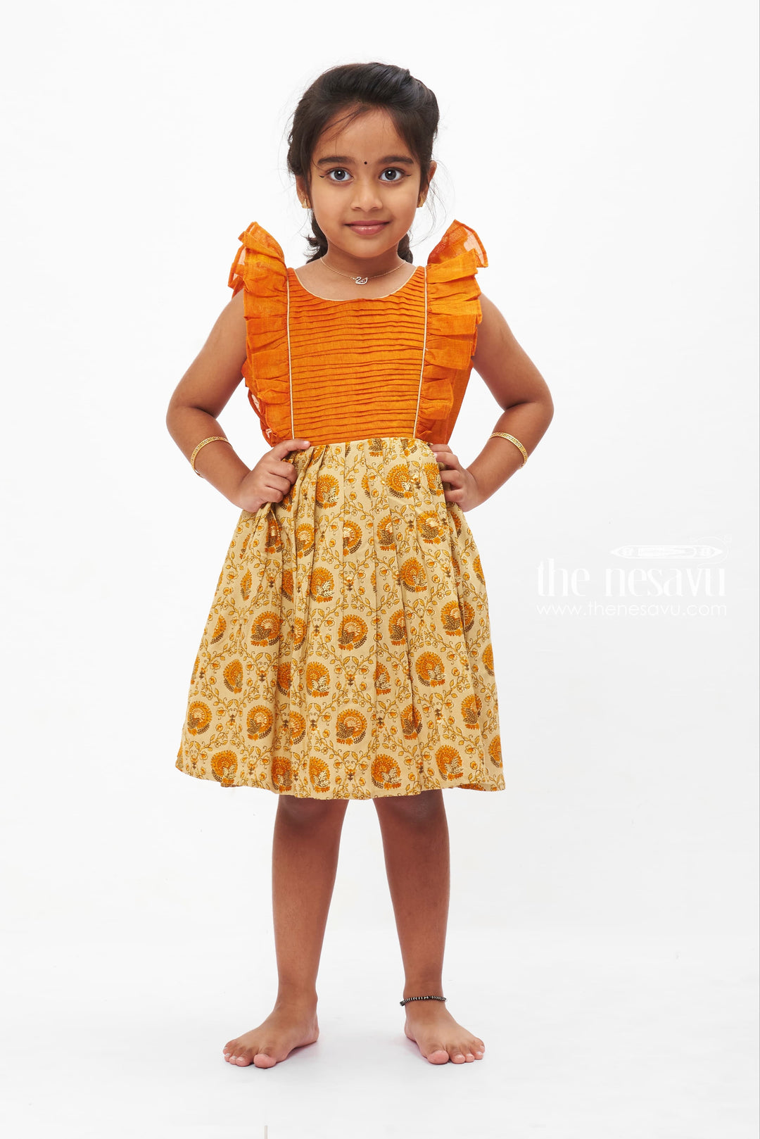 The Nesavu Baby Cotton Frocks Autumn Orange Pleated Frock with Beige Paisley Print for Girls Nesavu 16 (1Y) / Orange BFJ510C-16 Girls Orange Paisley Pleated Cotton Dress | The Nesavu