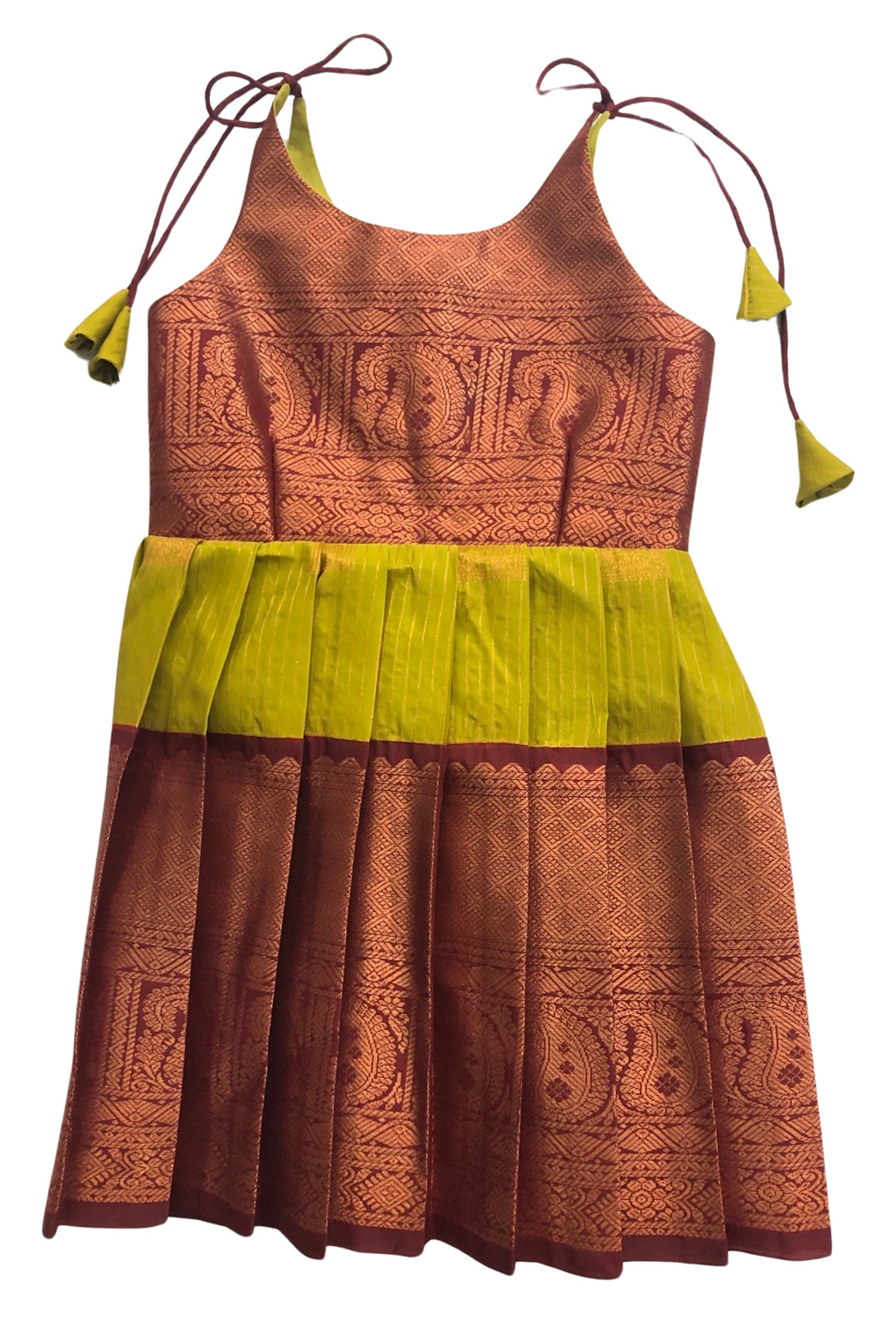 The Nesavu Tie Up Frock Autumnal Elegance Silk Tie-Up Frock with Intricate Print – Chic Harvest Festive Wear Nesavu 18 (2Y) / Green / Style 2 T316B-18 Silk Tie-Up Shoulder Frock | Maroon & Olive Harvest Festive Dress