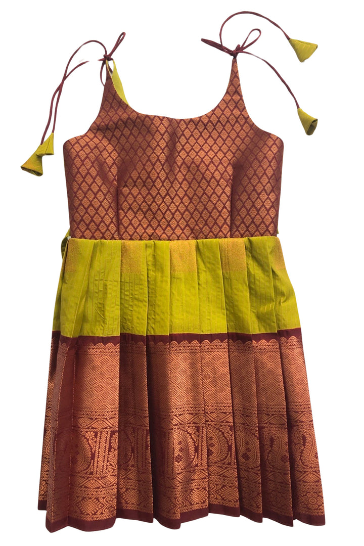 The Nesavu Tie Up Frock Autumnal Elegance Silk Tie-Up Frock with Intricate Print – Chic Harvest Festive Wear Nesavu 20 (3Y) / Green / Style 1 T316A-20 Silk Tie-Up Shoulder Frock | Maroon & Olive Harvest Festive Dress