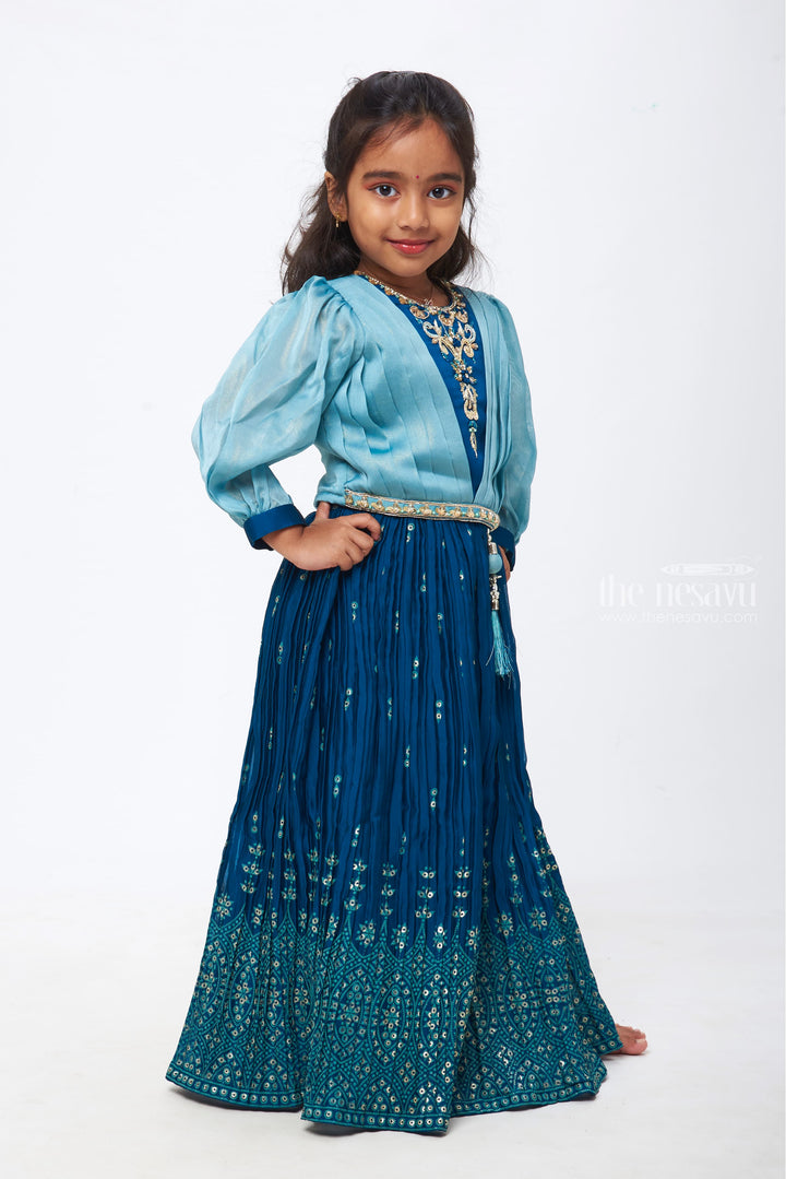 The Nesavu Girls Lehenga Choli Azure Allure: Girls Teal Blue Pleated Gown with Crystal-Studded Blouse Nesavu Captivating Charm for Festive Moments | Girls Lehenga Choli with Dupatta | The Nesavu