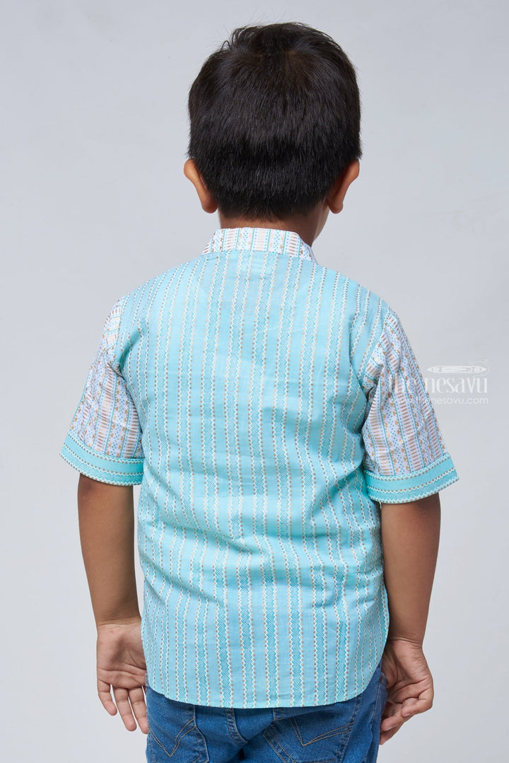 The Nesavu Boys Linen Shirt Azure Artistry: Boys Blue Shirt with Intricate Ikat Patterns, Mandarin Collar Nesavu Ikat Printed Boys Shirt | Premium Linen Shirt Online | The Nesavu