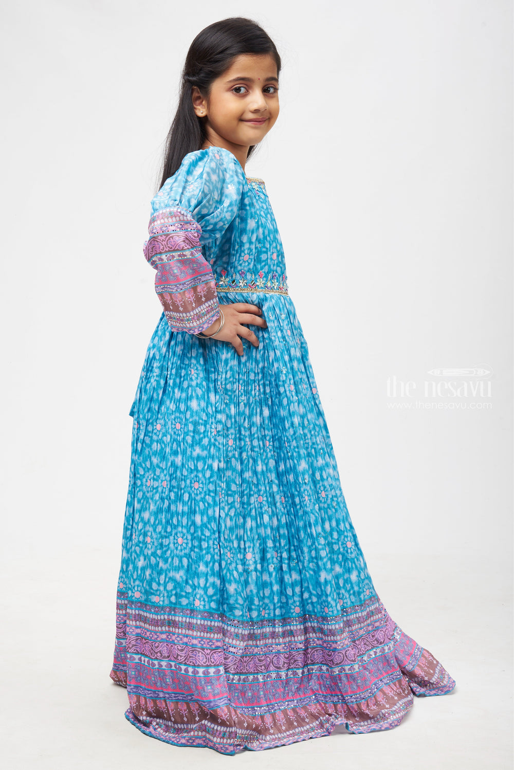 The Nesavu Girls Party Gown Azure Blooms: Stone Embroidered Floral Blue Anarkali for Girls- Premium Designer Dress Collections Nesavu Festive Diwali Anarkali Outfit | Kid’s Stylish Anarkali Dress | The Nesavu