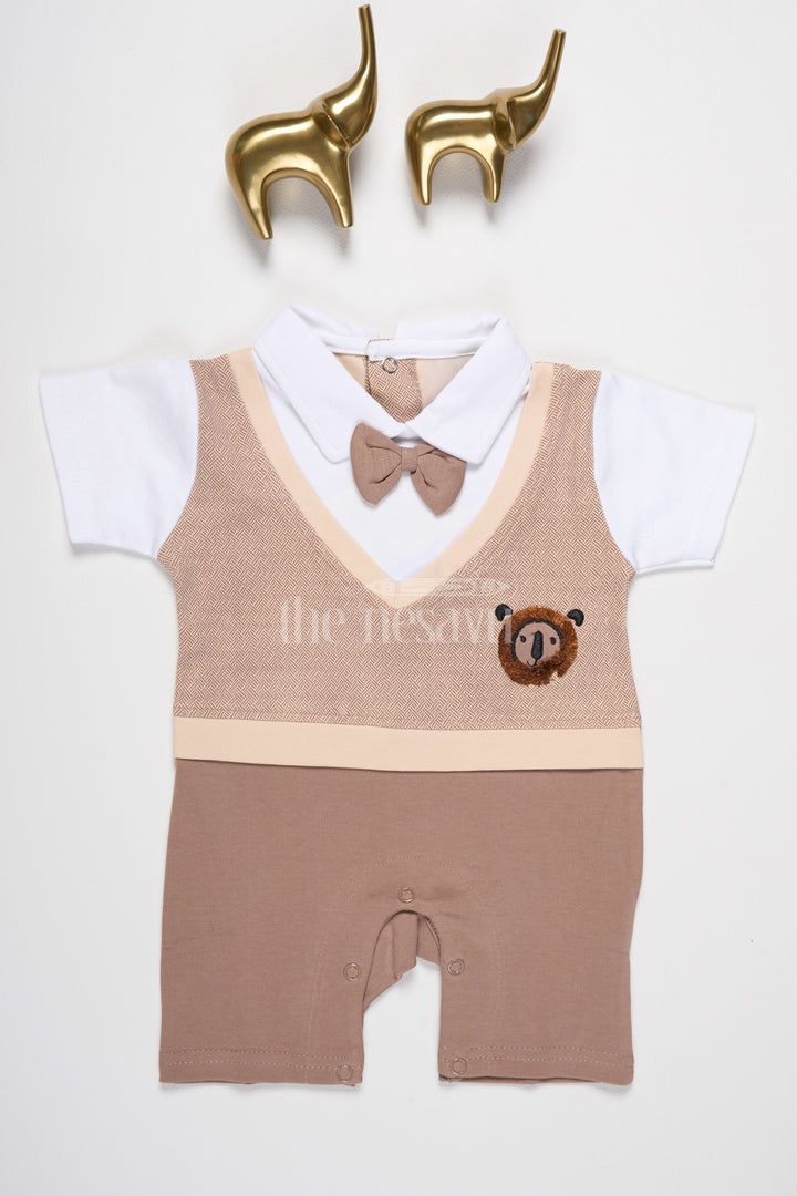 The Nesavu Baby Rompers/Onesies Baby Beige Romper with Built-In Vest and Cute Bear Motif for Comfortable Outings Nesavu 10 (NB) / Maroon BCS151A-10 Nesavu Baby Beige Baby Romper Bear Motif Vest Design Comfortable Family Gatherings