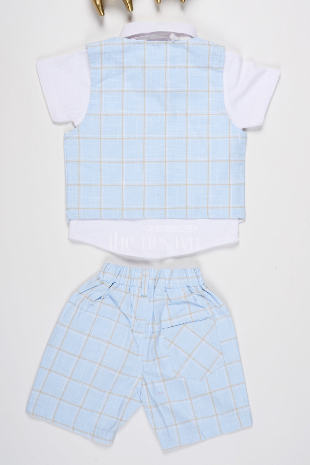 The Nesavu Baby Rompers/Onesies Baby Blue Plaid Vest Set with Short Sleeves and Bow Tie for Special Gatherings Nesavu Nesavu Baby Blue Plaid Vest Set Bow Tie Shorts Special Events Casual Gatherings