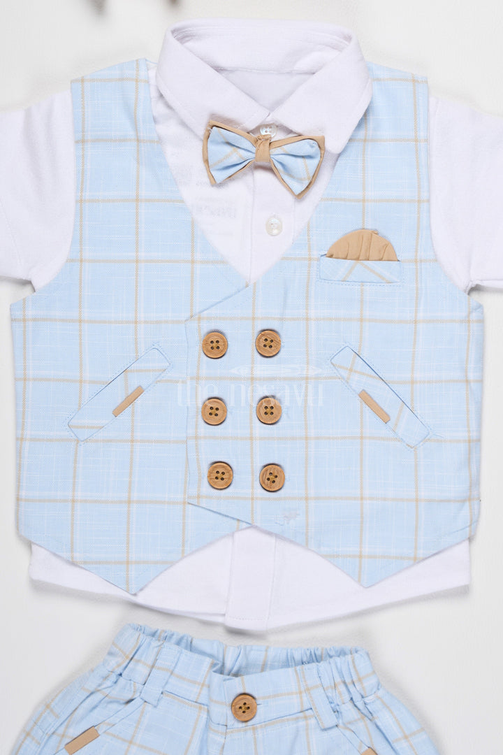 The Nesavu Baby Rompers/Onesies Baby Blue Plaid Vest Set with Short Sleeves and Bow Tie for Special Gatherings Nesavu Nesavu Baby Blue Plaid Vest Set Bow Tie Shorts Special Events Casual Gatherings