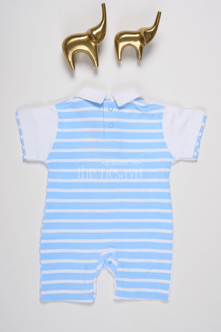 The Nesavu Baby Rompers/Onesies Baby Blue Striped Romper with Teddy Bear Appliques and Snap Buttons for Easy Wear Nesavu Nesavu Baby Blue Striped Romper Teddy Bear Appliques Comfortable Playdates Naps