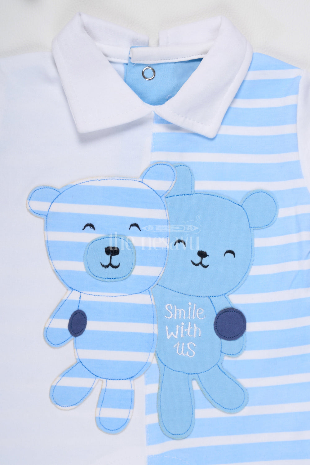 The Nesavu Baby Rompers/Onesies Baby Blue Striped Romper with Teddy Bear Appliques and Snap Buttons for Easy Wear Nesavu Nesavu Baby Blue Striped Romper Teddy Bear Appliques Comfortable Playdates Naps