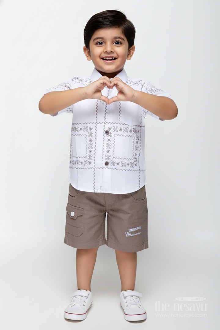 The Nesavu Boys Casual Set Baby Boy Birthday Outfit with Bowtie White Cotton Shirt and Shorts Set Nesavu 14 (6M) / White BCS361B-14 Nesavu Boys Cream Embroidered Cotton Shirt Brown Shorts Set Ethnic Casual Wear