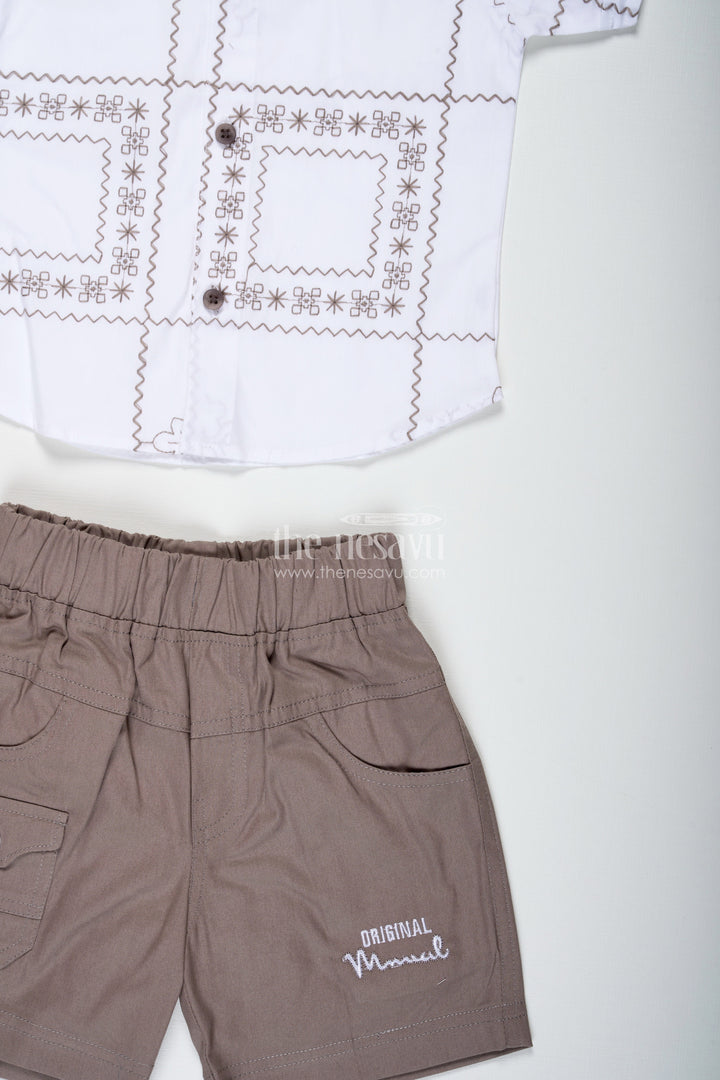 The Nesavu Boys Casual Set Baby Boy Birthday Outfit with Bowtie White Cotton Shirt and Shorts Set Nesavu Nesavu Boys Cream Embroidered Cotton Shirt Brown Shorts Set Ethnic Casual Wear