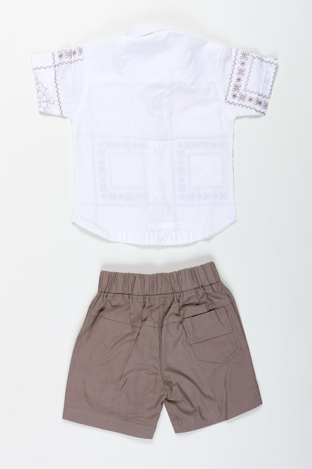 The Nesavu Boys Casual Set Baby Boy Birthday Outfit with Bowtie White Cotton Shirt and Shorts Set Nesavu Nesavu Boys Cream Embroidered Cotton Shirt Brown Shorts Set Ethnic Casual Wear