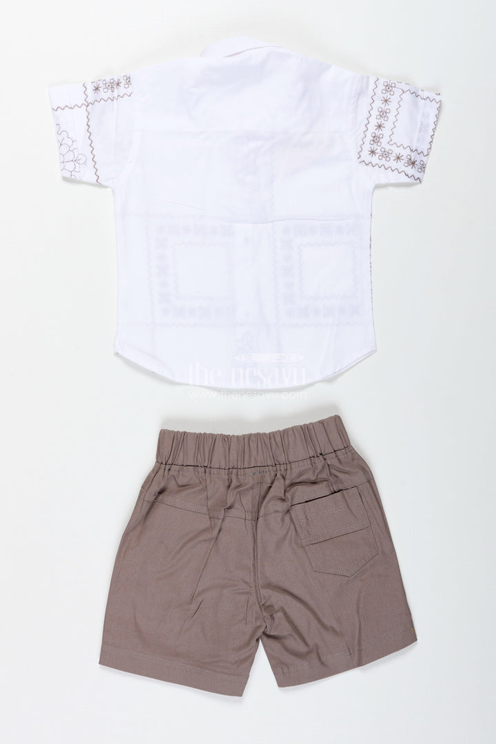 The Nesavu Boys Casual Set Baby Boy Birthday Outfit with Bowtie White Cotton Shirt and Shorts Set Nesavu Nesavu Boys Cream Embroidered Cotton Shirt Brown Shorts Set Ethnic Casual Wear