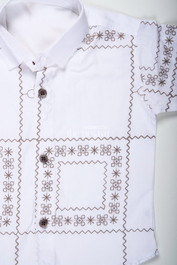 The Nesavu Boys Casual Set Baby Boy Birthday Outfit with Bowtie White Cotton Shirt and Shorts Set Nesavu Nesavu Boys Cream Embroidered Cotton Shirt Brown Shorts Set Ethnic Casual Wear