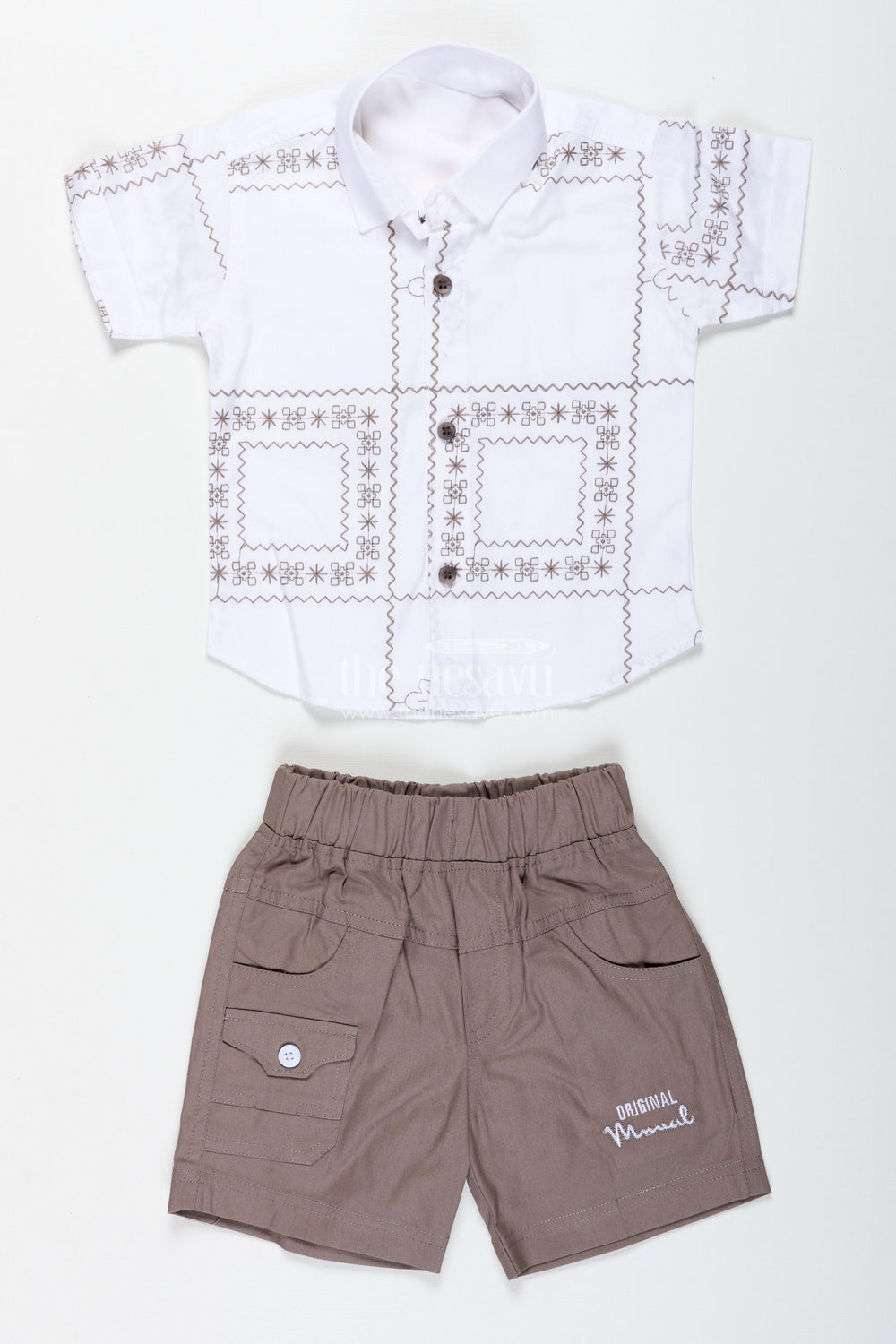 The Nesavu Boys Casual Set Baby Boy Birthday Outfit with Bowtie White Cotton Shirt and Shorts Set Nesavu Nesavu Boys Cream Embroidered Cotton Shirt Brown Shorts Set Ethnic Casual Wear