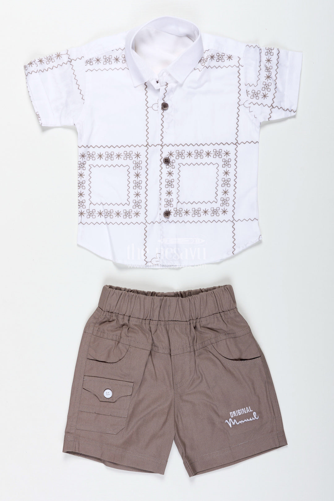 The Nesavu Boys Casual Set Baby Boy Birthday Outfit with Bowtie White Cotton Shirt and Shorts Set Nesavu Nesavu Boys Cream Embroidered Cotton Shirt Brown Shorts Set Ethnic Casual Wear