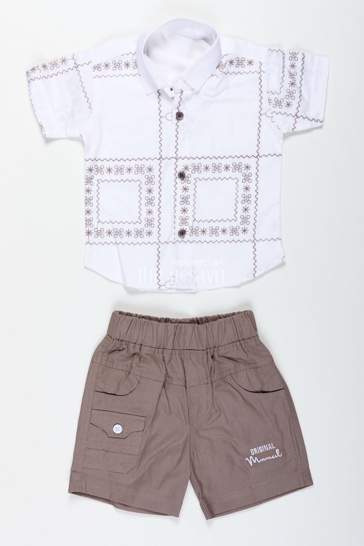The Nesavu Boys Casual Set Baby Boy Birthday Outfit with Bowtie White Cotton Shirt and Shorts Set Nesavu Nesavu Boys Cream Embroidered Cotton Shirt Brown Shorts Set Ethnic Casual Wear