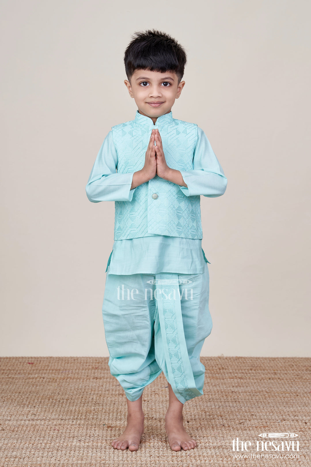 The Nesavu Boys Dothi Set Baby Boy Blue Dhoti Set with Embroidered Jacket for Festive and Naming Day Nesavu 12 (3M) / Blue BES719B-12 Nesavu baby boy blue silk cotton dhoti set embroidered jacket  perfect naming day festive wear
