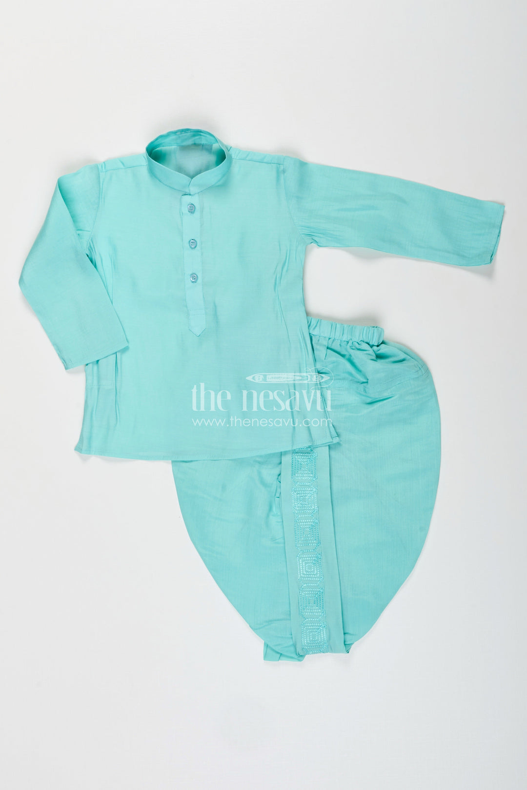 The Nesavu Boys Dothi Set Baby boy blue dhoti set with embroidered jacket for festive and naming day Nesavu Nesavu baby boy blue silk cotton dhoti set embroidered jacket  perfect naming day festive wear