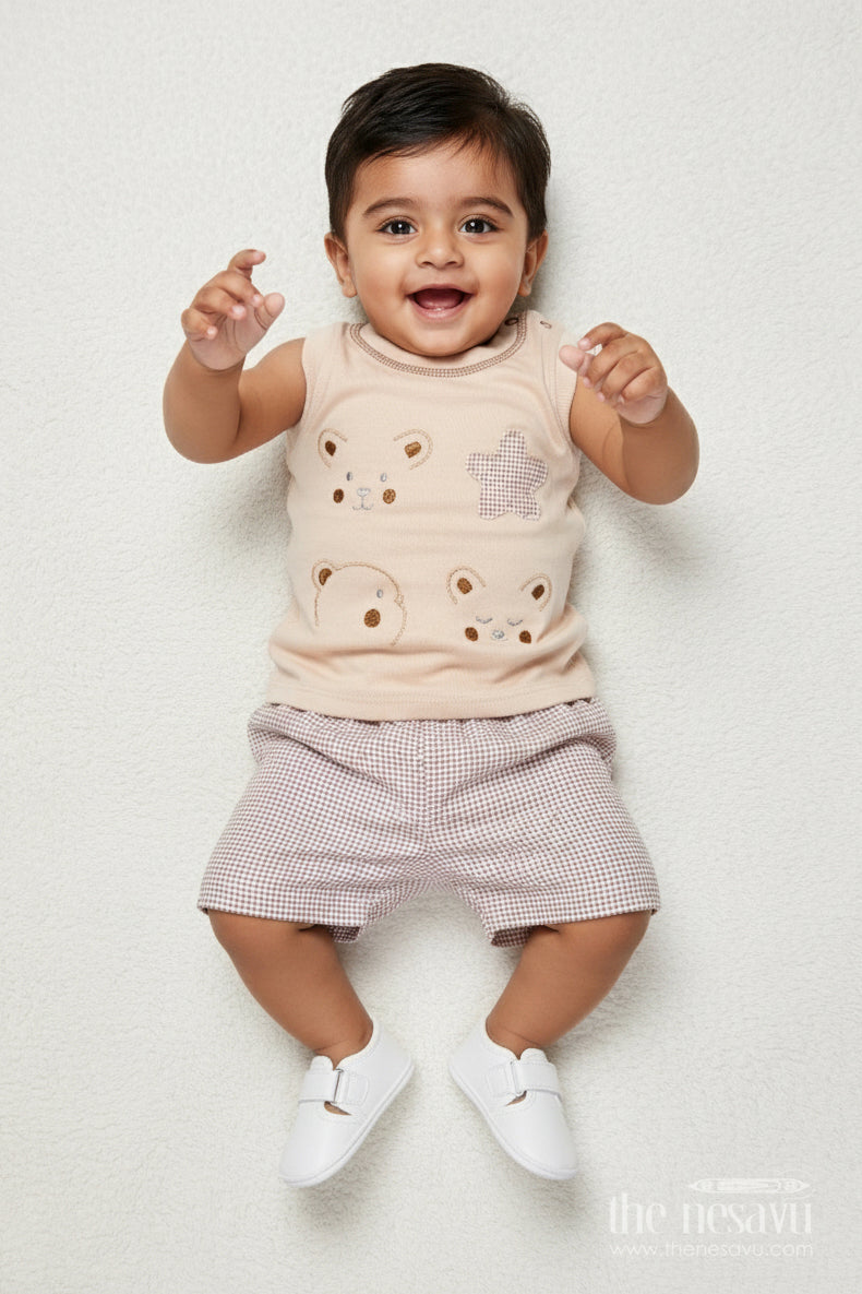 The Nesavu Boys Casual Set Baby Boy Cotton Shirt and Shorts Set for Everyday Comfort Nesavu 14 (6M) / Beige BCS533B-14 Nesavu baby boy cotton top checkered shorts set daily wear casual play