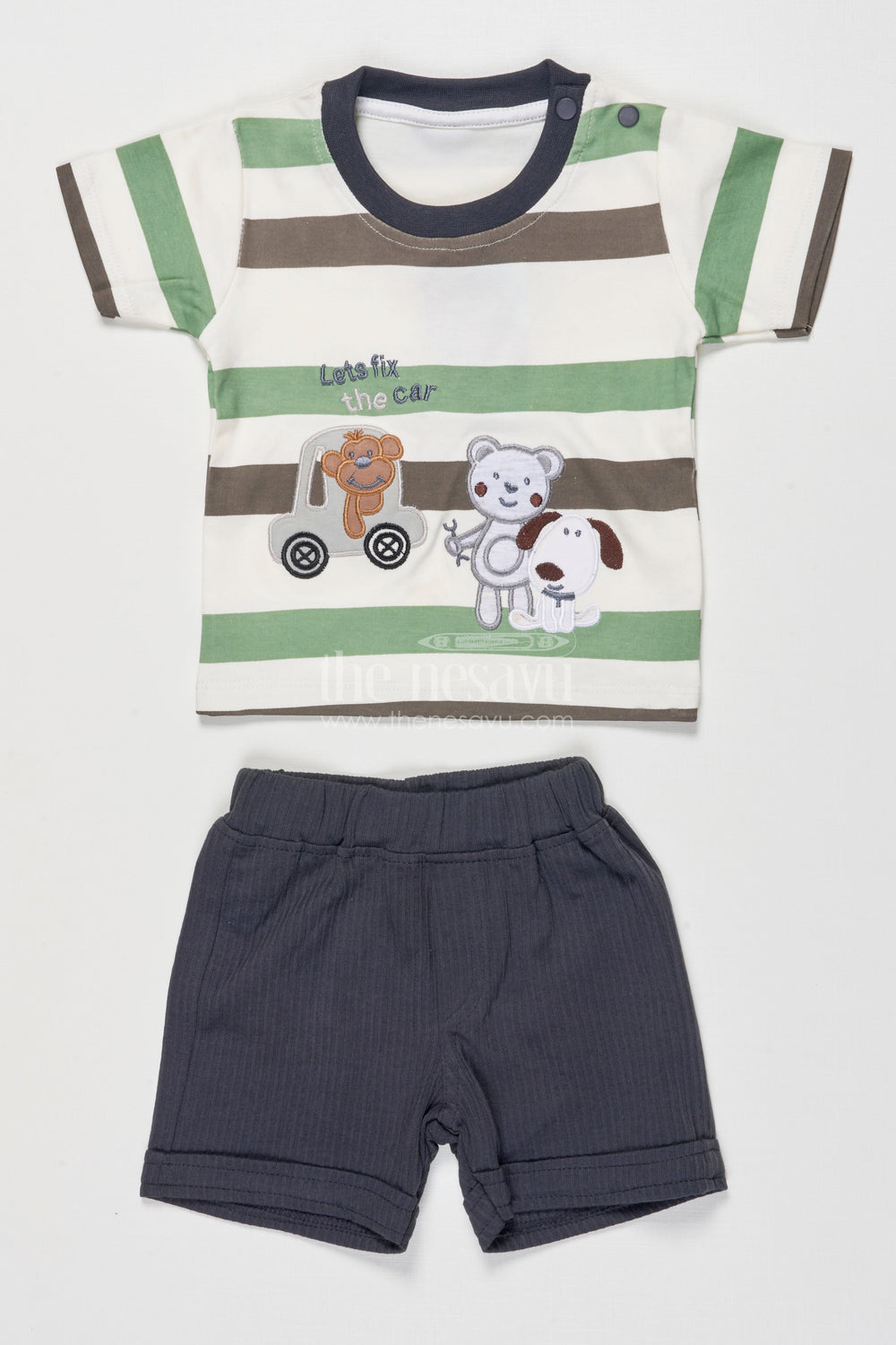 The Nesavu Boys Casual Set Baby Boy Cotton Shorts Set for Summer Play and Everyday Wear Nesavu 14 (6M) / Green BCS530A-14 Nesavu baby boy striped cotton t-shirt shorts set summer days casual play