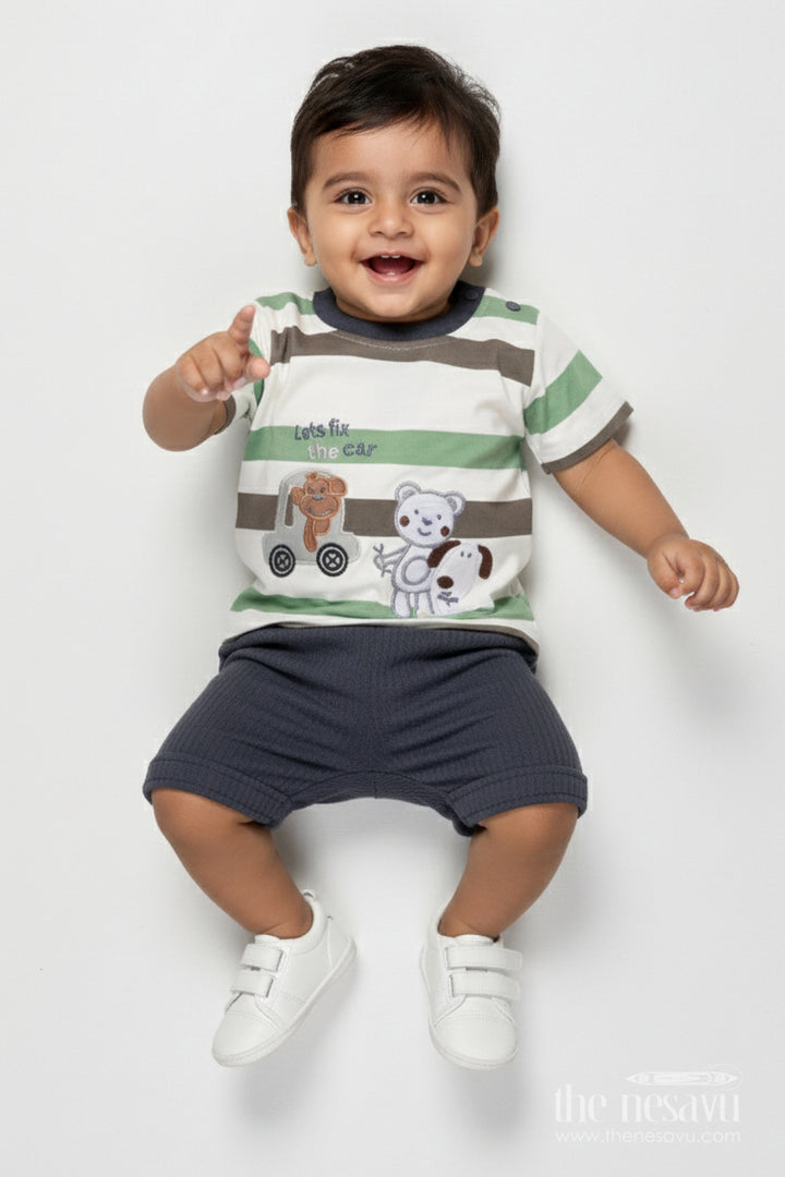 The Nesavu Boys Casual Set Baby Boy Cotton Shorts Set for Summer Play and Everyday Wear Nesavu 14 (6M) / Green BCS530A-14 Nesavu baby boy striped cotton t-shirt shorts set summer days casual play
