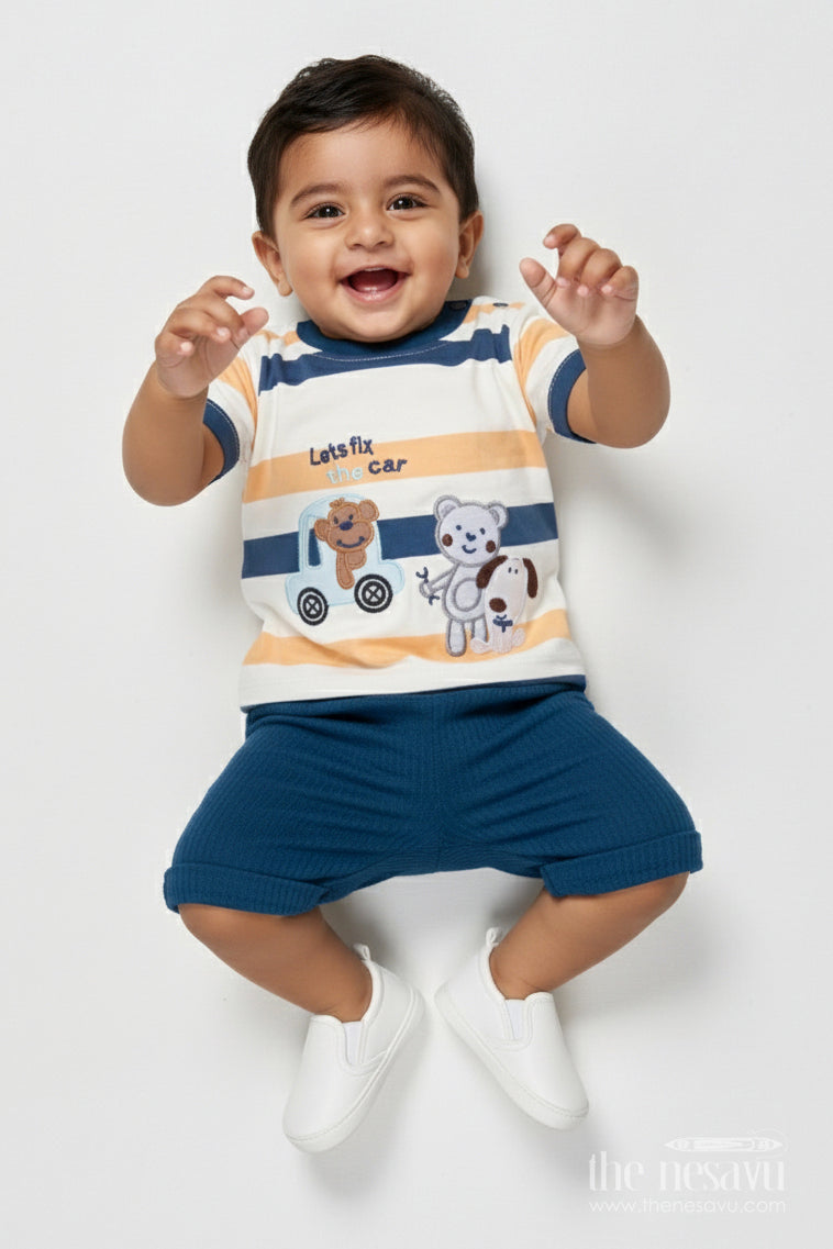 The Nesavu Boys Casual Set Baby Boy Cotton T-shirt and Shorts Set for Summer Play Nesavu 14 (6M) / Blue BCS530B-14 Nesavu baby boy striped cotton t-shirt shorts outfit everyday summer comfort