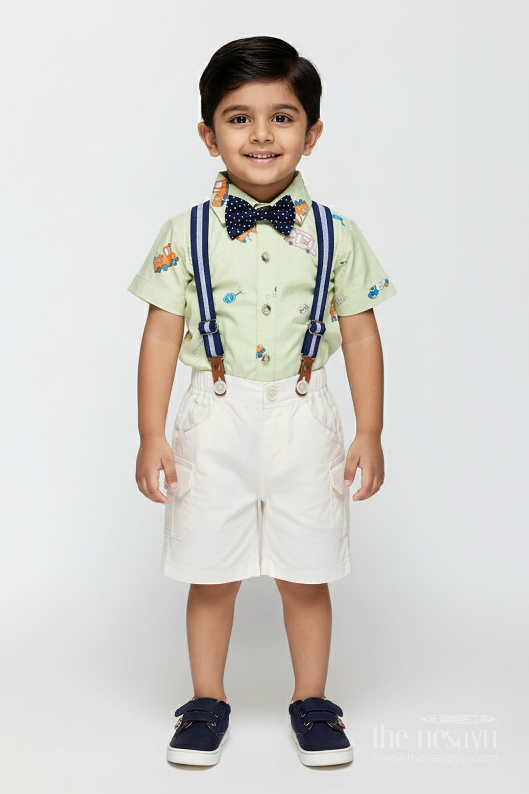 The Nesavu Boys Casual Set Baby Boy Light Green Outfit with Cartoon Vehicle Print and Cream Shorts Featuring Suspenders Nesavu 12 (3M) / Green BCS325B-12 Nesavu Baby Boy Light Green Outfit Vehicle Print Shirt White Shorts Suspenders