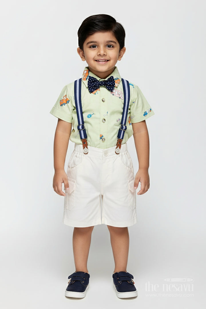 The Nesavu Boys Casual Set Baby Boy Light Green Outfit with Cartoon Vehicle Print and Cream Shorts Featuring Suspenders Nesavu 12 (3M) / Green BCS325B-12 Nesavu Baby Boy Light Green Outfit Vehicle Print Shirt White Shorts Suspenders