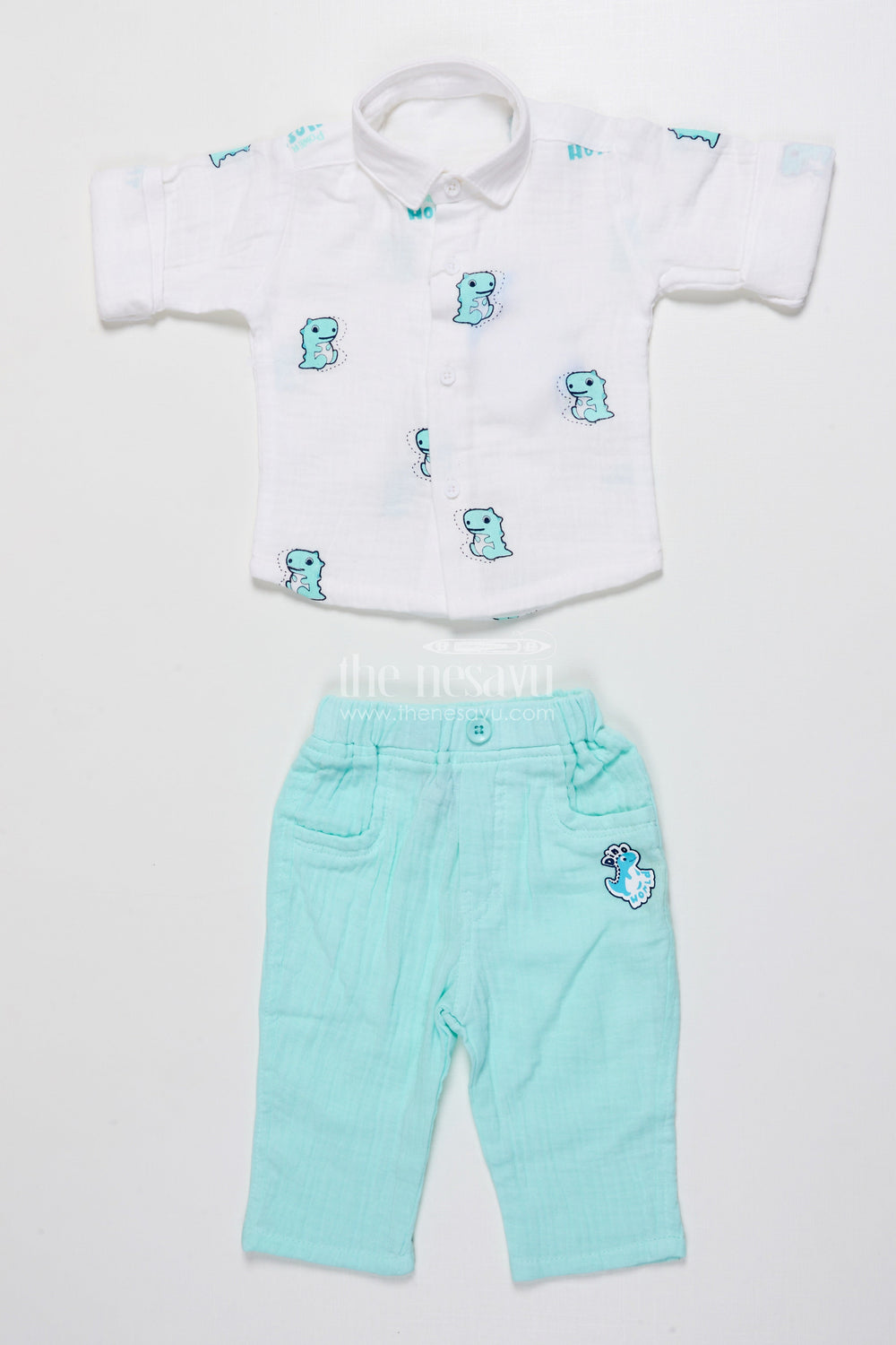 The Nesavu Boys Casual Set Baby Boy Muslin Cotton Outfit with Digital Print for Everyday Comfort Nesavu Nesavu baby boy muslin cotton outfit green digital print daily wear