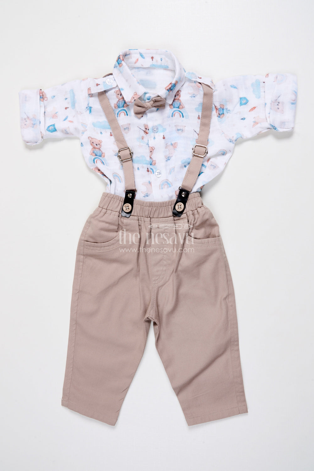 The Nesavu Boys Casual Set Baby Boy Muslin Cotton Suspender Set for Birthday and Outings Nesavu Nesavu baby boy suspender outfit muslin cotton digital print  ideal birthdays casual events