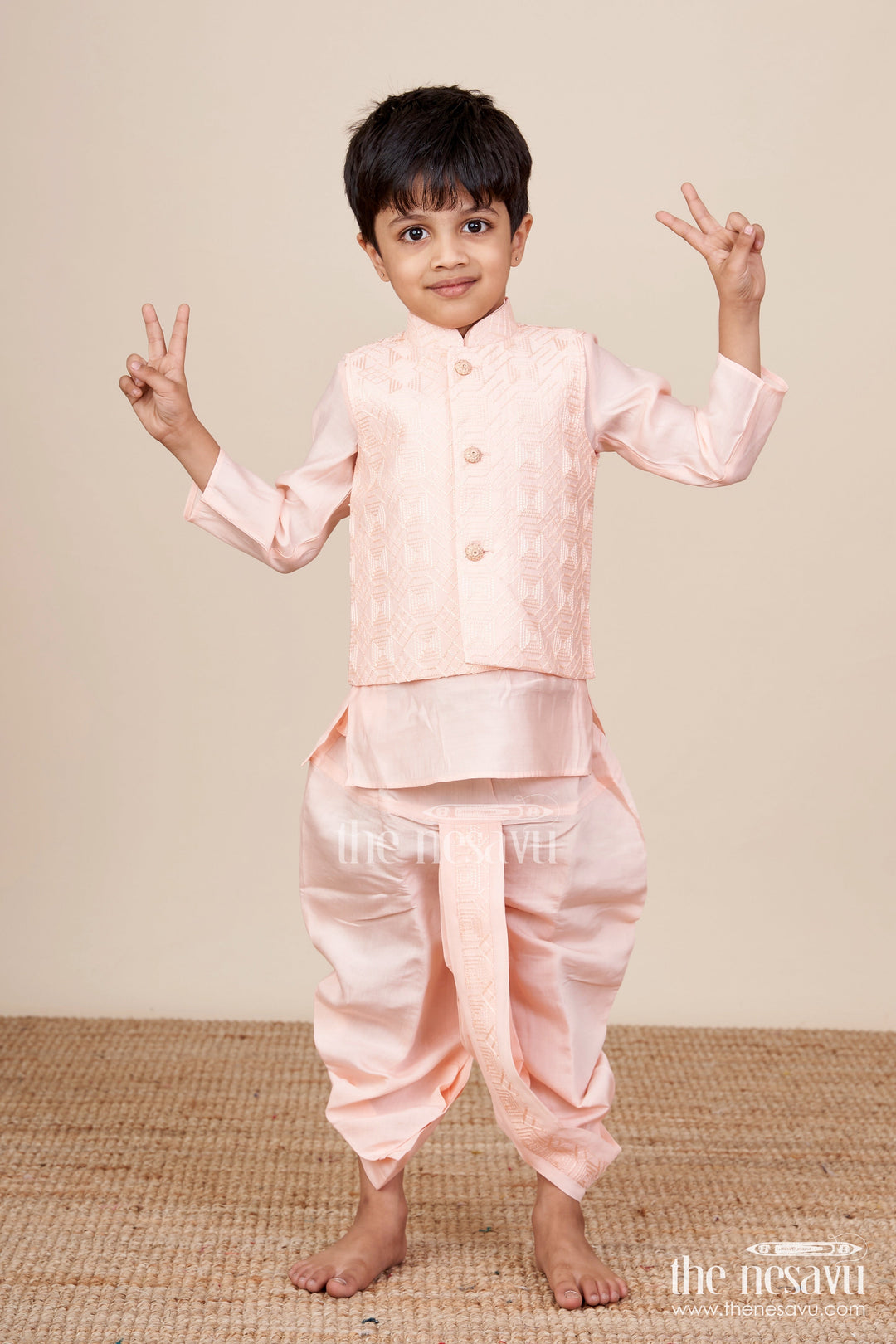 The Nesavu Boys Dothi Set Baby Boy Peach Dhoti Set with Embroidered Silk Jacket for Naming and Festive Wear Nesavu 12 (3M) / Peach BES719A-12 Nesavu peach baby boy dhoti set embroidered silk jacket  perfect naming ceremonies festive events